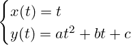 \[ \begin{cases} x(t) = t \\ y(t) = at^2 + bt + c \end{cases} \]