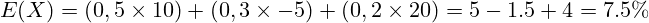 \[ E(X) = (0,5 \times 10) + (0,3 \times -5) + (0,2 \times 20) = 5 - 1.5 + 4 = 7.5\% \]