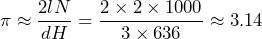 \[ \pi \approx \frac{2lN}{dH} = \frac{2 \times 2 \times 1000}{3 \times 636} \approx 3.14 \]