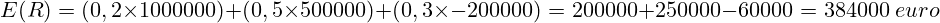 \[ E(R) = (0,2 \times 1000000) + (0,5 \times 500000) + (0,3 \times -200000) = 200000 + 250000 - 60000 = 384000\ euro \]