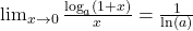 \lim_{{x \to 0}} \frac{\log_a(1 + x)}{x} = \frac{1}{\ln(a)}